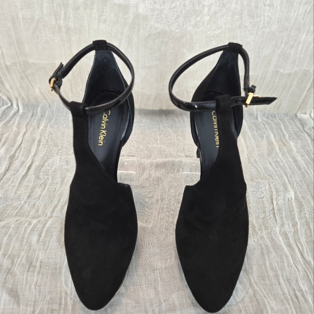 Calvin Klien Black suede strappy shoes with gold accent